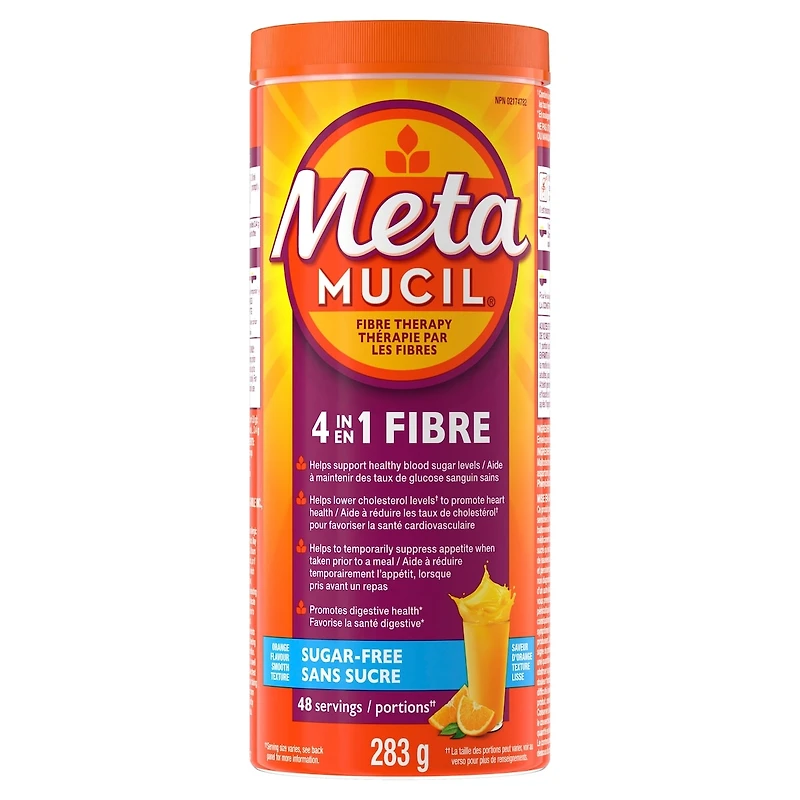 Metamucil, Supplément de fibres d’enveloppe de psyllium 4 en 1 en poudre pour la santé digestive, saveur d’orange, sans sucre, texture lisse, 48 portions, 283 g