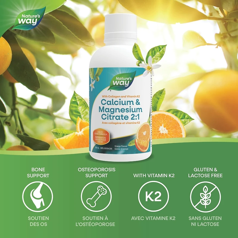 Citrate de calcium et de magnésium 2:1 avec vitamine K2 et collagène, orange