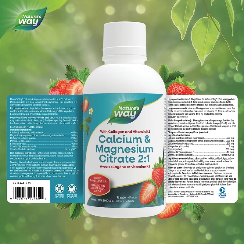 Calcium et magnésium Citrate 2:1 avec vitamine K2 et collagène, Fraise