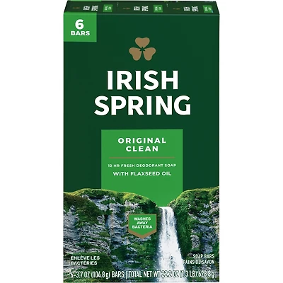Irish Spring Original Clean Deodorant Bar Soap for Men, 104.7 g, 6 Pack