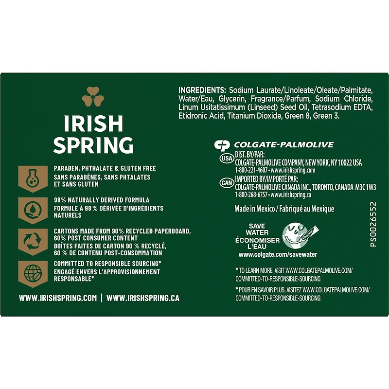 Irish Spring Original Clean Deodorant Bar Soap for Men, 104.7 g, 6 Pack