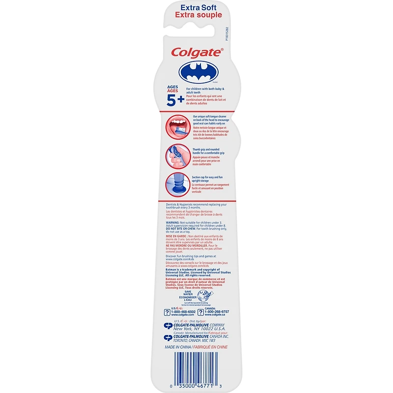 Colgate Kids Brosse à dents extra douce avec ventouse, Batman, 2 pièces