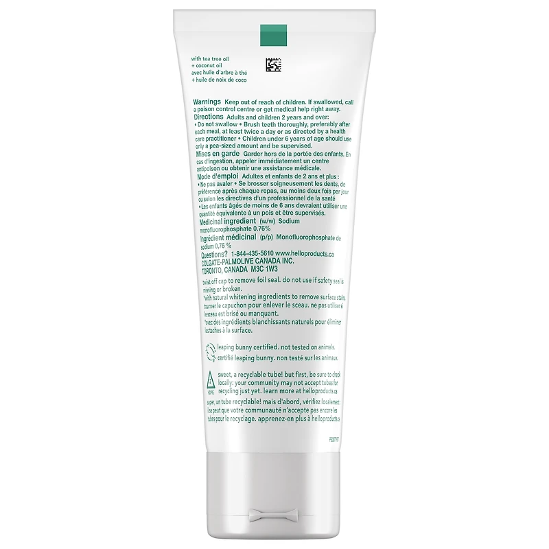 Dentifrice au fluorure naturellement blanchissant Hello - 98 mL