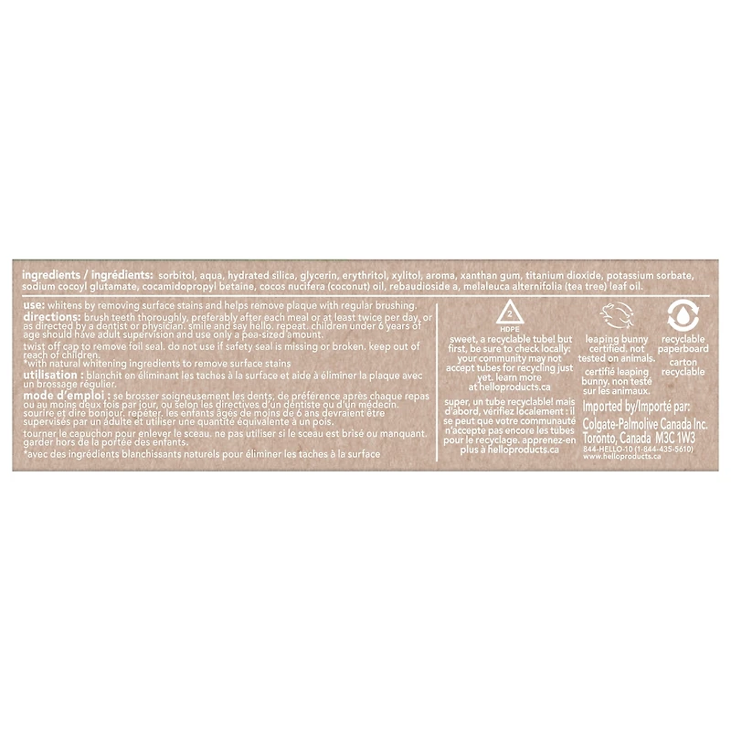 HELLO super frais + blanchissant dentifrice sans fluorure 82ml