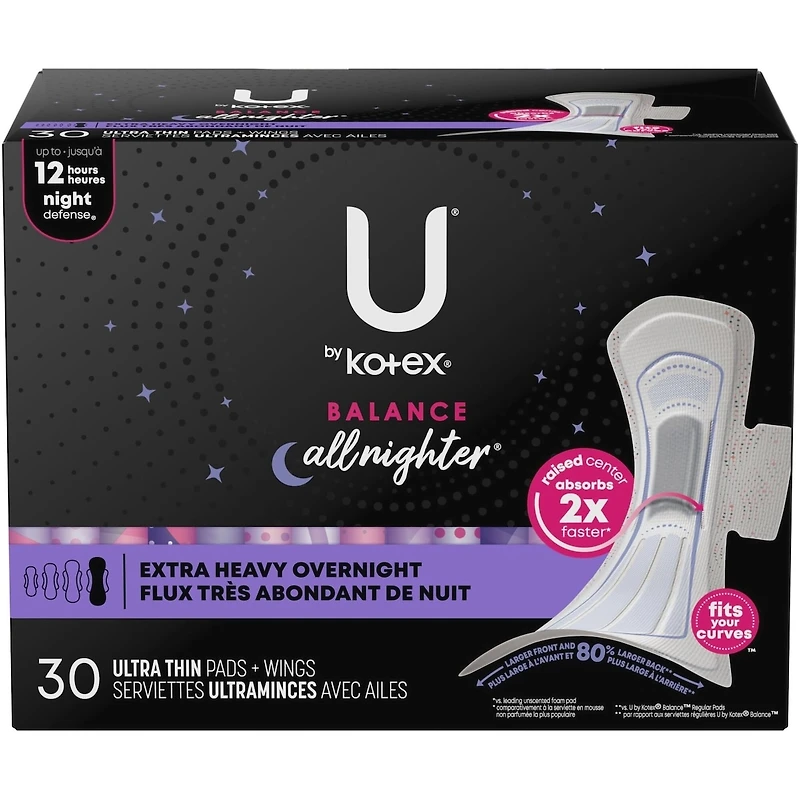 Serviettes ultraminces de nuit avec ailes U by Kotex Balance, absorption très élevée