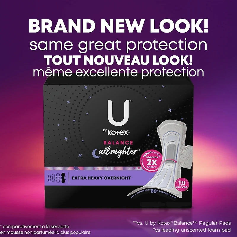 Serviettes ultraminces de nuit avec ailes U by Kotex Balance, absorption très élevée