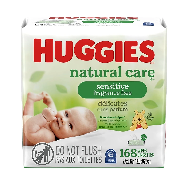 Lingettes Pour Bébés Natural Care Pour Peau Sensible, Non Parfumées, 3 Emballages À Couvercle Rabattable