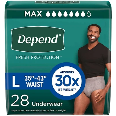 Fresh Protection Adult Incontinence Underwear for Men, Disposable, Maximum, Large, Grey