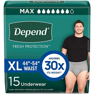 Fresh Protection Adult Incontinence Underwear for Men, Disposable, Maximum, Extra-Large, Grey, 15 Count