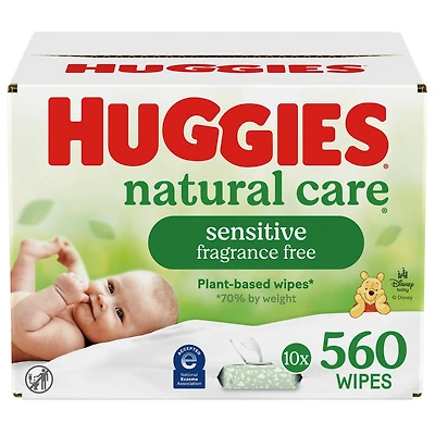 Lingettes pour bébés Natural Care pour peau sensible, non parfumées, 10 emballages à couvercle rabattable (total de 560 lingettes)