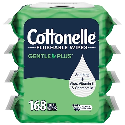 GentlePlus Flushable Wet Wipes with Aloe & Vitamin E, Adult Wet Wipes, 4 Flip-Top Packs, 42 Wipes Per Pack (168 Total Wipes)