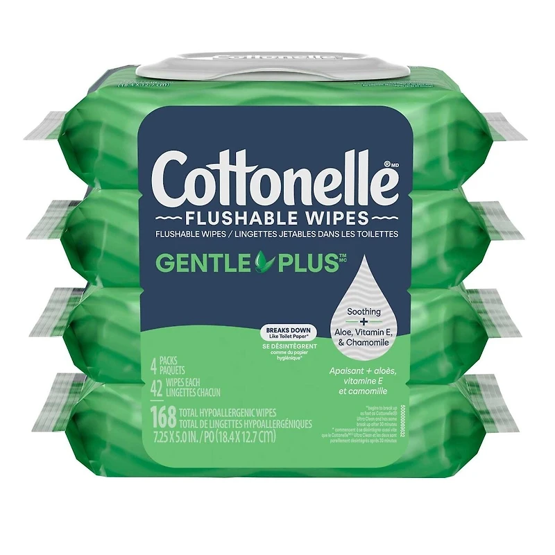 Lingettes humides jetables dans les toilettes  GentlePlus avec aloès et vitamine E, lingettes humides pour adultes, 4 paquets à couvercle rabattable, 42 lingettes par paquet (168 lingettes au total)