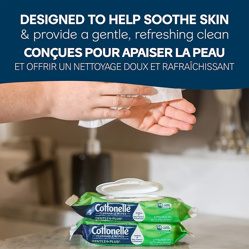 Lingettes humides jetables dans les toilettes  GentlePlus avec aloès et vitamine E, lingettes humides pour adultes, 4 paquets à couvercle rabattable, 42 lingettes par paquet (168 lingettes au total)