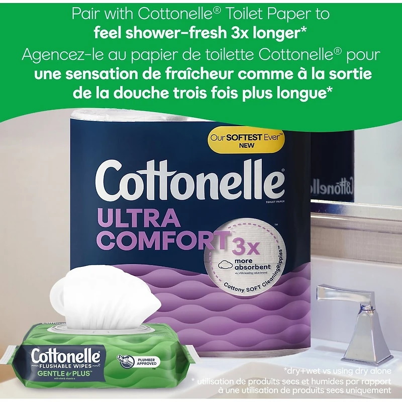 Lingettes humides jetables dans les toilettes  GentlePlus avec aloès et vitamine E, lingettes humides pour adultes, 4 paquets à couvercle rabattable, 42 lingettes par paquet (168 lingettes au total)