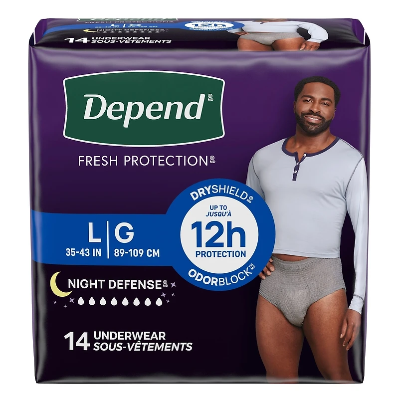 Sous-vêtements d’incontinence Depend Night Defense pour hommes, nuit, taille G, emballage de 14