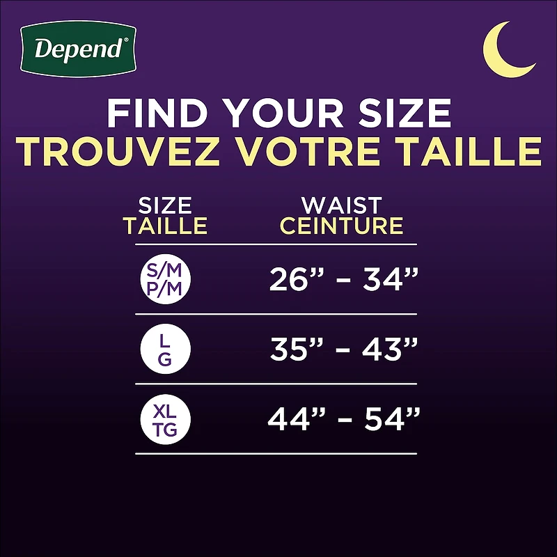 Sous-vêtements d’incontinence Depend Night Defense pour hommes, nuit, taille G, emballage de 14