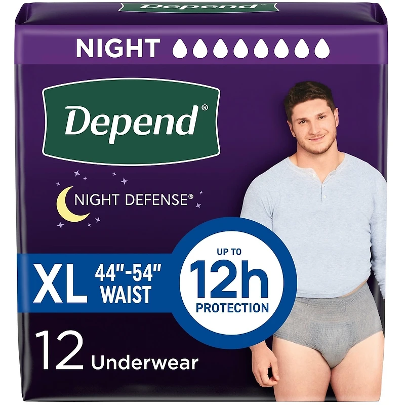 Depend Night Defense Incontinence Underwear for Men, Overnight, Size XL, 12 Count