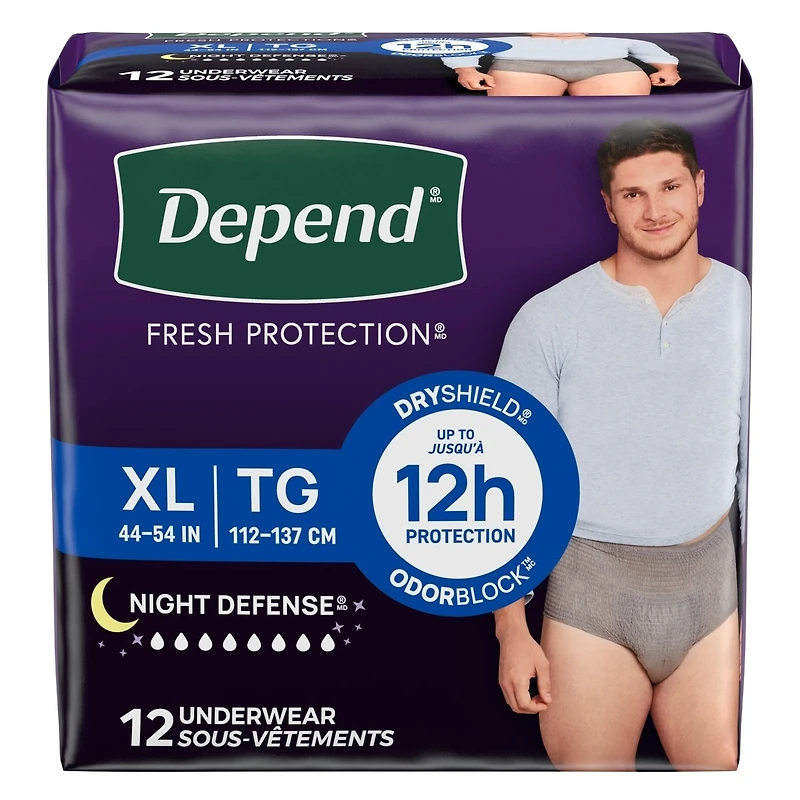 Depend Night Defense Incontinence Underwear for Men, Overnight, Size XL, 12 Count