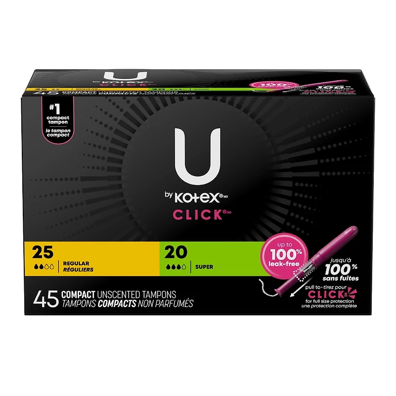 Tampons compacts Click, emballage multiple, absorption régulière/super, emb. de 45