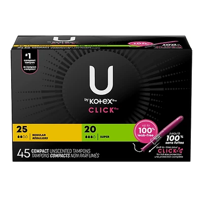 Tampons compacts Click, emballage multiple, absorption régulière/super, emb. de 45