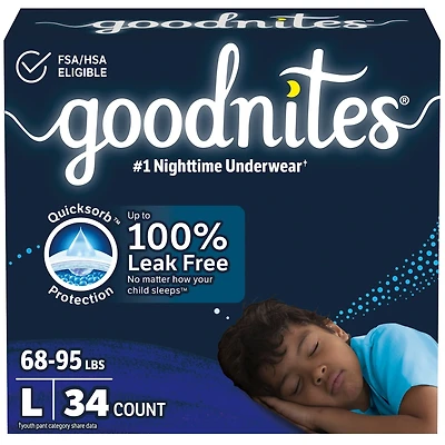 Boys' Nighttime Bedwetting Underwear, Size Large (68-95 lbs)