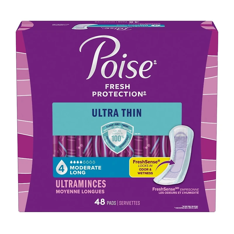 Serviettes ultra minces pour incontinence Poise, absorption moyenne, longues