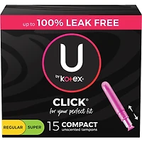 Tampons compacts U by Kotex Click, emballage multiple, absorption régulière/super, non parfumés, 15 unités