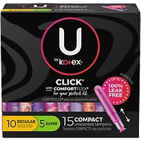 Tampons compacts U by Kotex Click, emballage multiple, absorption régulière/super, non parfumés, 15 unités