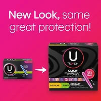 Tampons compacts U by Kotex Click, emballage multiple, absorption régulière/super, non parfumés, 15 unités