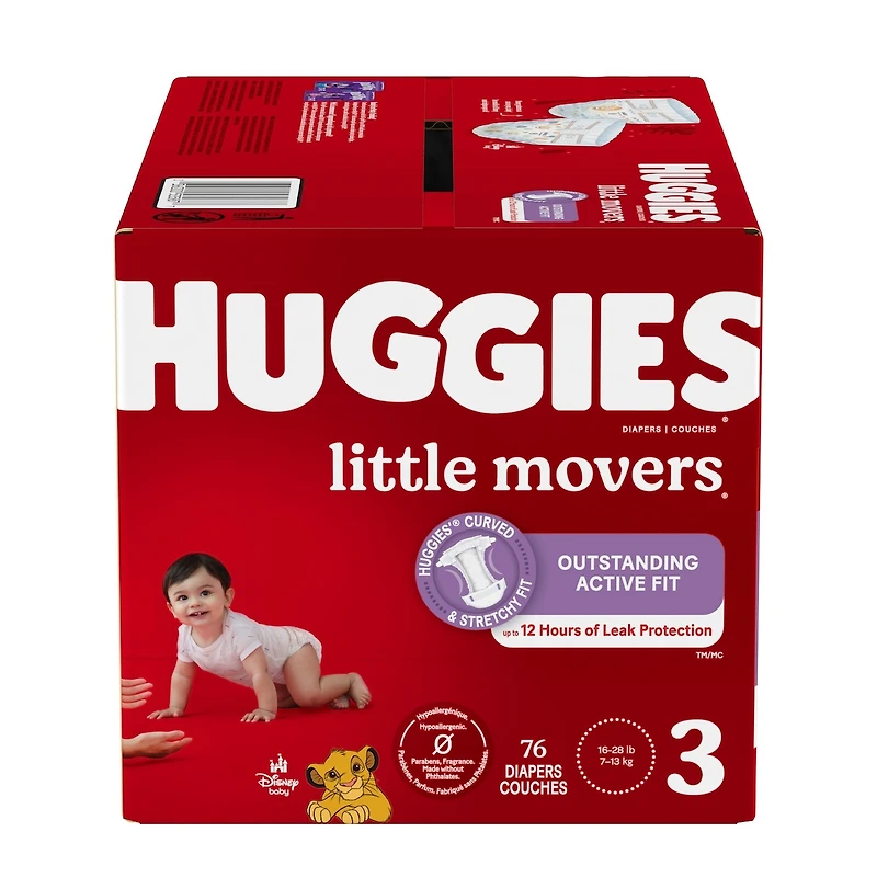 Couches pour bébés  Little Movers, taille 3 (16 à 28 livres), 76 couches