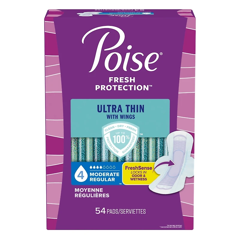 Serviettes ultra minces pour incontinence Poise avec ailes, absorption moyenne, ordinaires, 54 serviettes