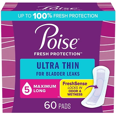 Poise Ultra Thin Postpartum Incontinence Pads with Wings, Light Absorbency, Regular Length, 60 Count