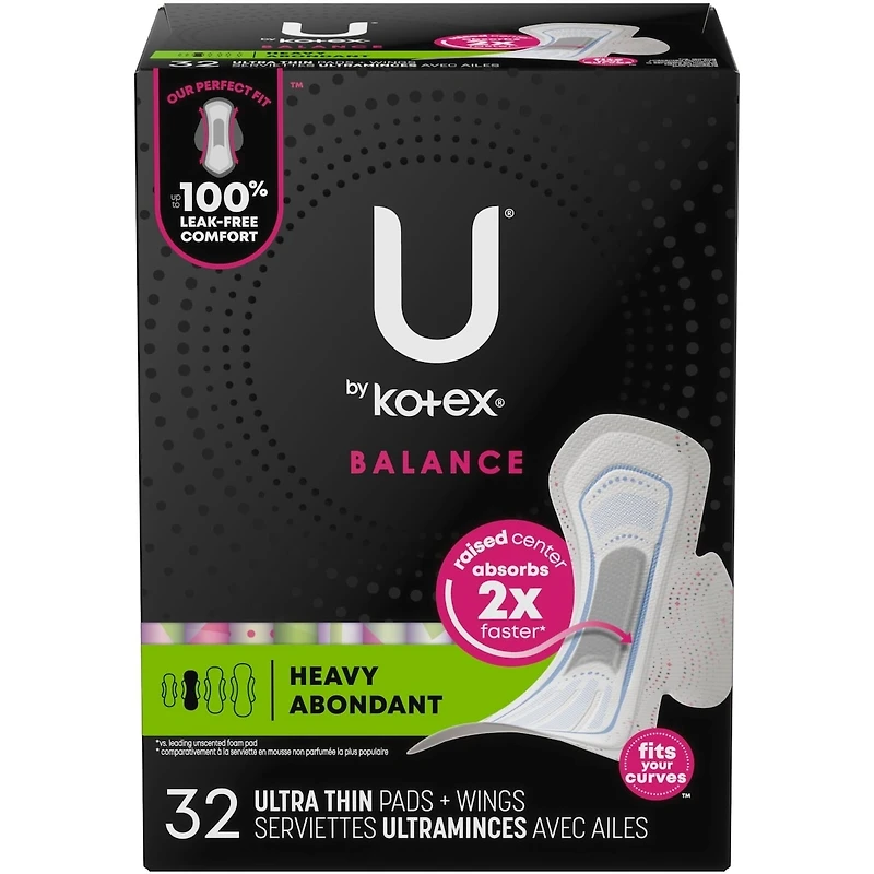 Serviettes ultraminces U by Kotex Balance avec ailes, absorption élevée
