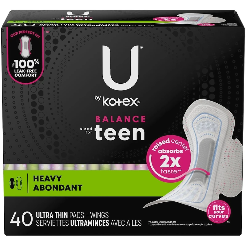 Serviettes ultraminces U by Kotex Balance avec ailes pour adolescentes, absorption accrue
