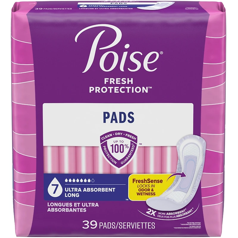 Serviettes d’incontinence Poise pour femmes, degré d’absorption 7, ultra-absorption, longueur longue
