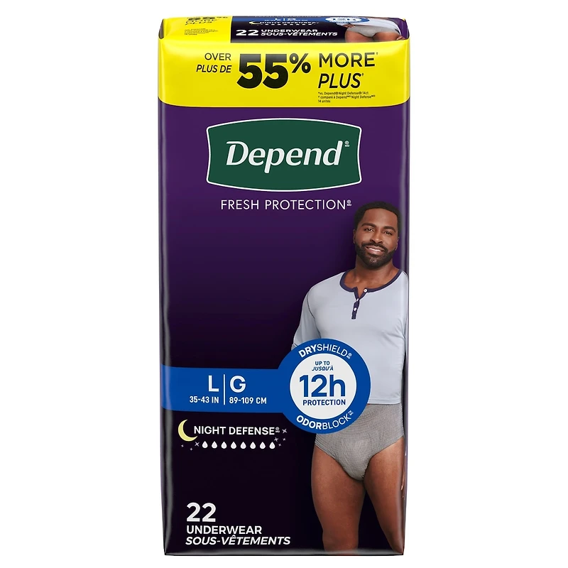 Sous-vêtements d’incontinence pour adultes Depend Night Defense pour hommes, jetables, de nuit, grands, gris