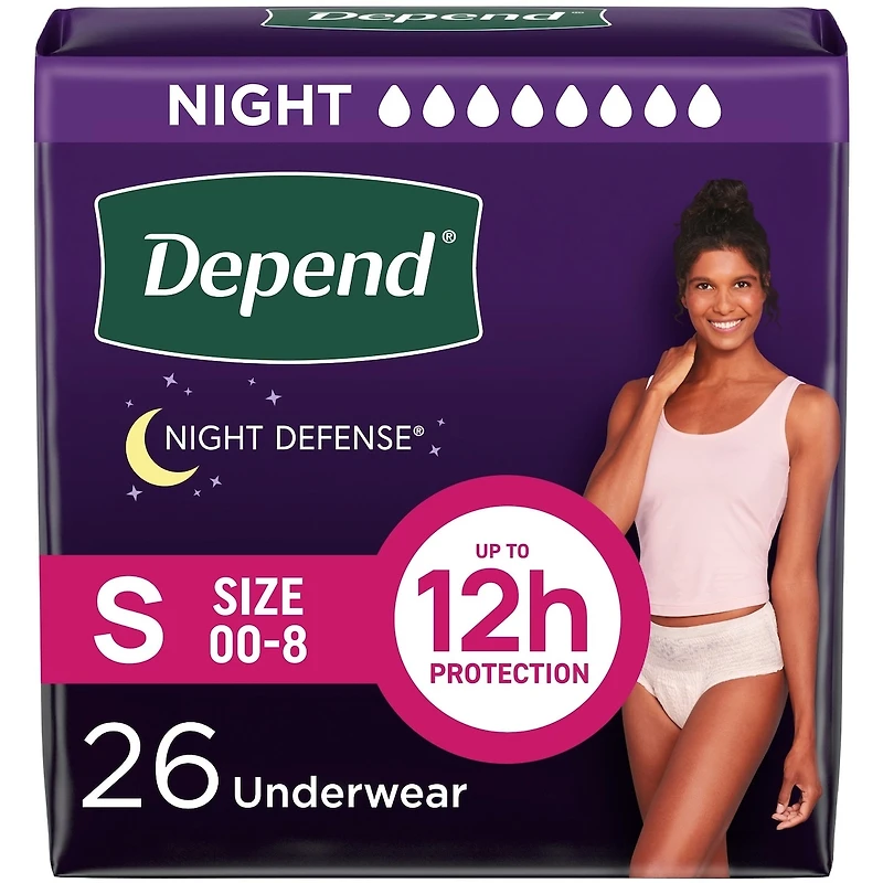 Night Defense Adult Incontinence Underwear for Women, Disposable, Overnight, Small, Blush (Packaging May Vary)