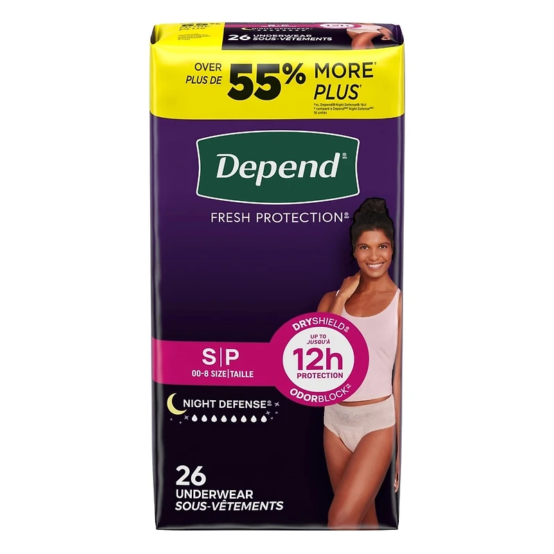 Sous-vêtements d’incontinence pour adultes Depend Night Defense pour femmes, jetables, de nuit, petits, roses