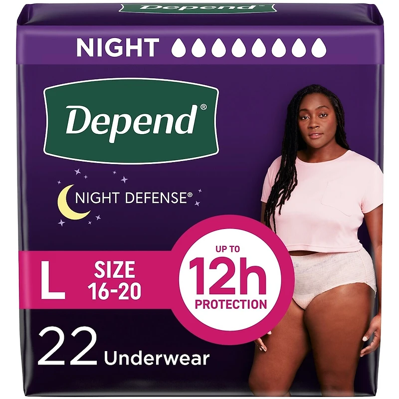 Sous-vêtements d’incontinence pour adultes Depend Night Defense pour femmes, jetables, de nuit, grande, roses