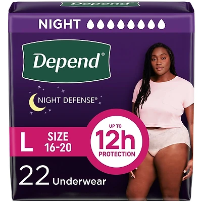 Sous-vêtements d’incontinence pour adultes Depend Night Defense pour femmes, jetables, de nuit, grande, roses