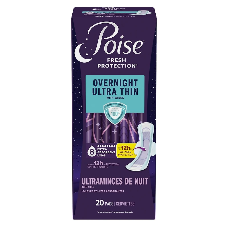 Coussinets de nuit ultra-minces pour l’incontinence et le post-partum avec ailes pour les fuites urinaires, 8 gouttes extra absorbantes, longue longueur, 20 unités