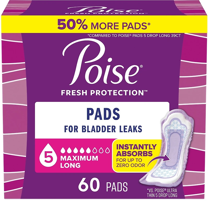Incontinence Pads & Postpartum Pads, 5 Drop Maximum Absorbency, Long Length, 60 Count