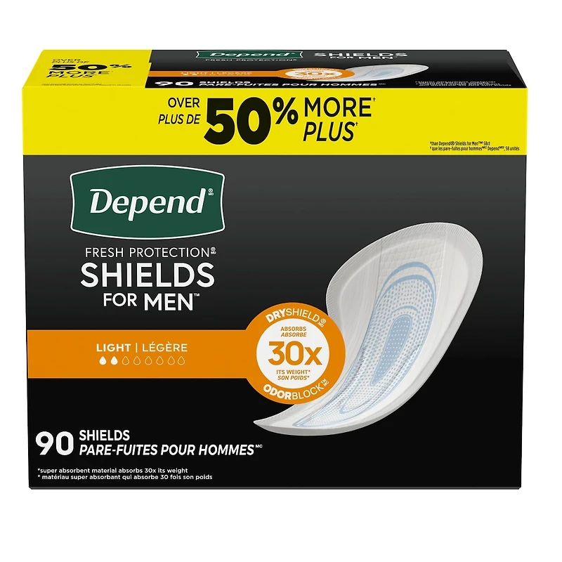 Shields Serviettes d’incontinence pour hommes, absorption légère, 90 unités