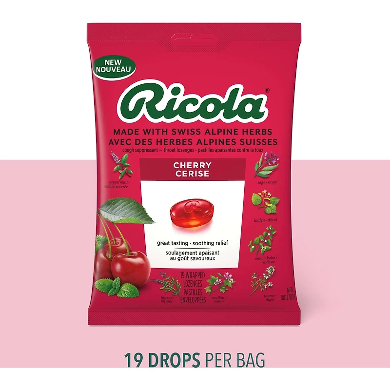Pastilles Ricola Cerise, 19 unités, Soulagement délicieux et naturel avec menthol(90)
