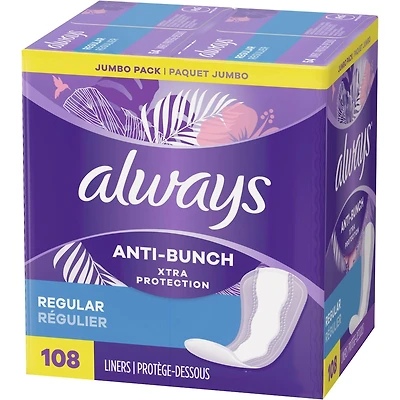 Protège-dessous quotidiens Always Anti-Bunch Xtra Protection, non parfumés, régulier, Anti-Bunch aide à rester confortable, 108  u