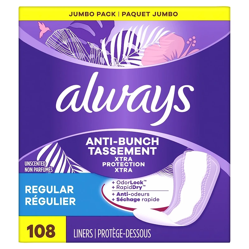 Protège-dessous quotidiens Always Anti-Bunch Xtra Protection, non parfumés, régulier, Anti-Bunch aide à rester confortable, 108  u