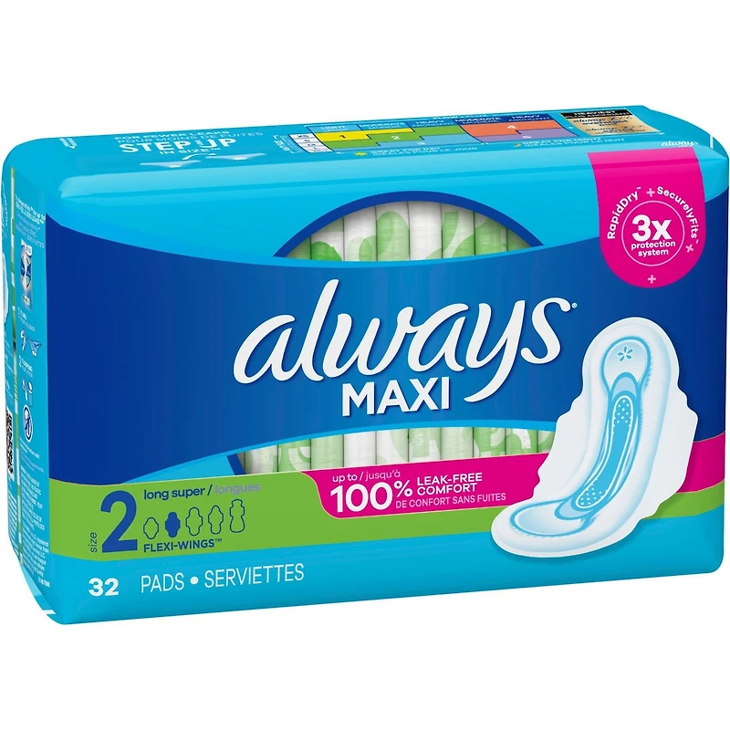 Always Maxi Pads Size 2 Long Super Absorbency Unscented with Wings, 32 Count