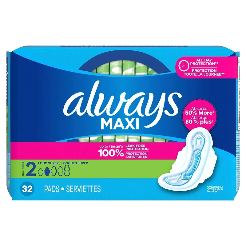 Always Maxi Pads Size 2 Long Super Absorbency Unscented with Wings, 32 Count