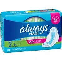 Always Maxi Pads Size 2 Long Super Absorbency Unscented with Wings, 32 Count