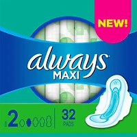 Always Maxi Pads Size 2 Long Super Absorbency Unscented with Wings, 32 Count